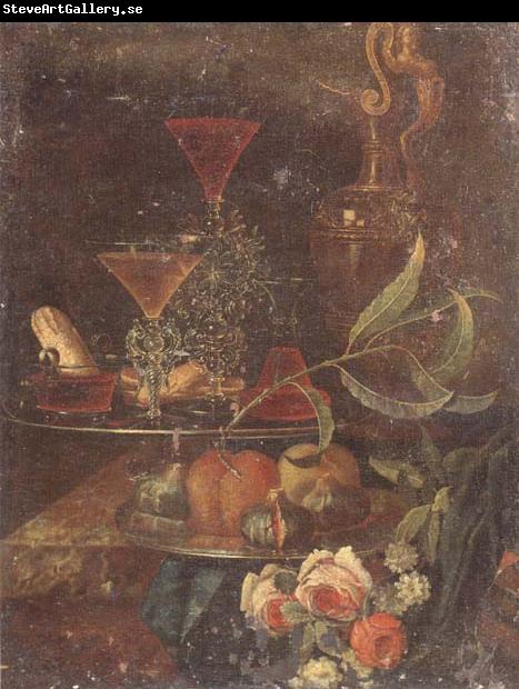 unknow artist Still Life of wine-glasses,a decanter,a glass bowl,sweet breads,figs and peaches upon pewter plates,together with a gilt ewer and flowers,all upon a m